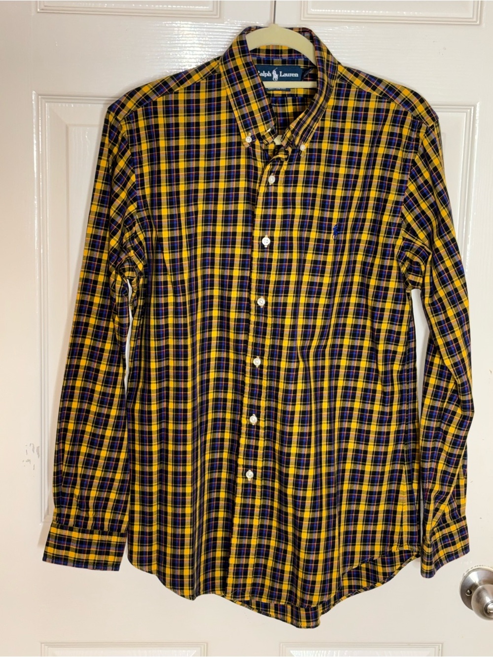 Ralph Lauren Shirt Men M Long Sleeve Custom Fit Yellow Blue Plaid Cotton Pony - Picture 8 of 8